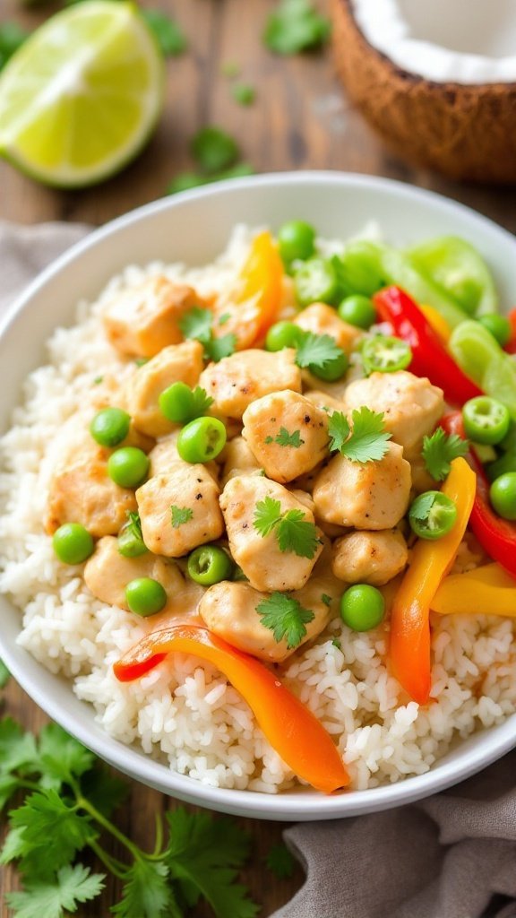 A Coconut Chicken Rice Bowl with chicken, rice, bell peppers, snap peas, and cilantro on a rustic table.