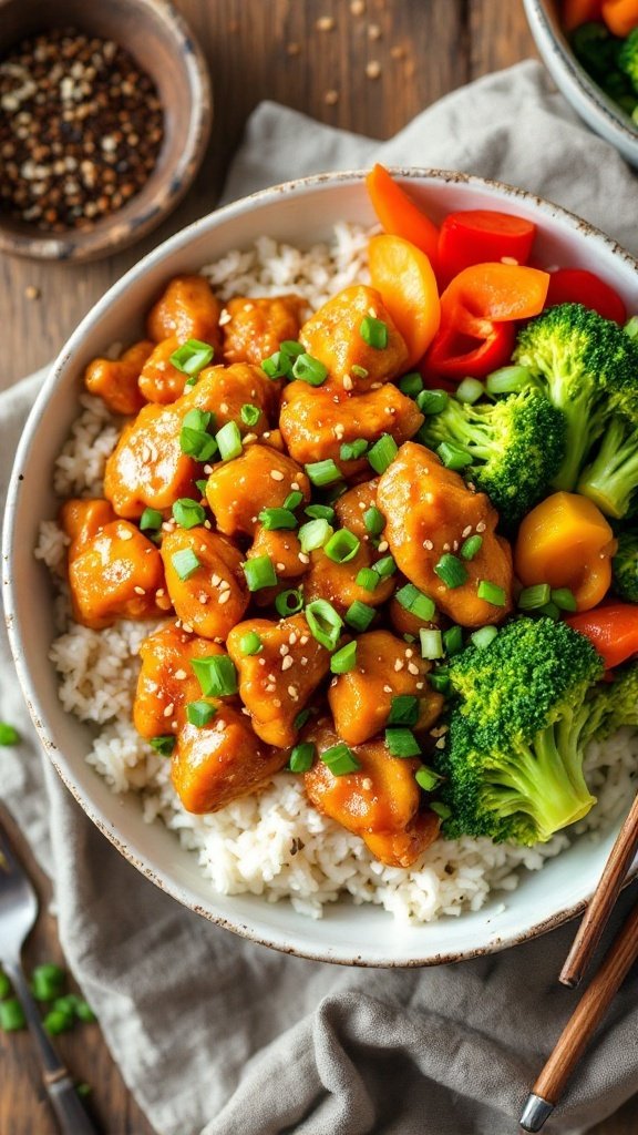 A delicious hot honey chicken bowl with rice, vegetables, garnished with green onions and sesame seeds.