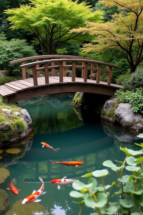 koi pond with bridge