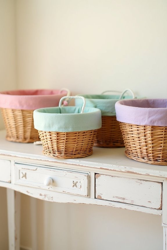 pastel lined rattan baskets