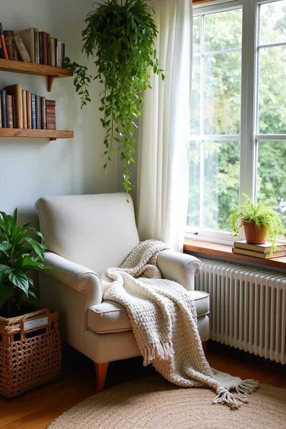 cozy plant themed reading nook