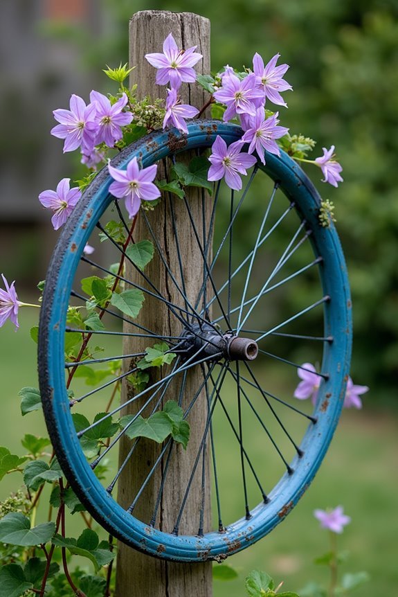 repurposed bicycle wheel trellis